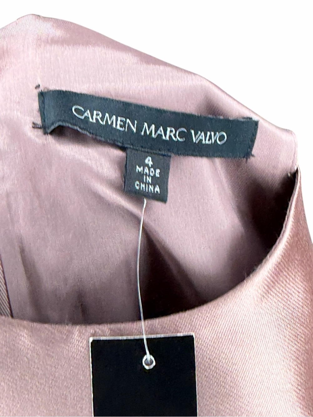 CARMEN MARC VALVO Dusty Rose-Mauve Satin Midi Dress with Side Ruffle Women's 4 - Picture 6 of 6